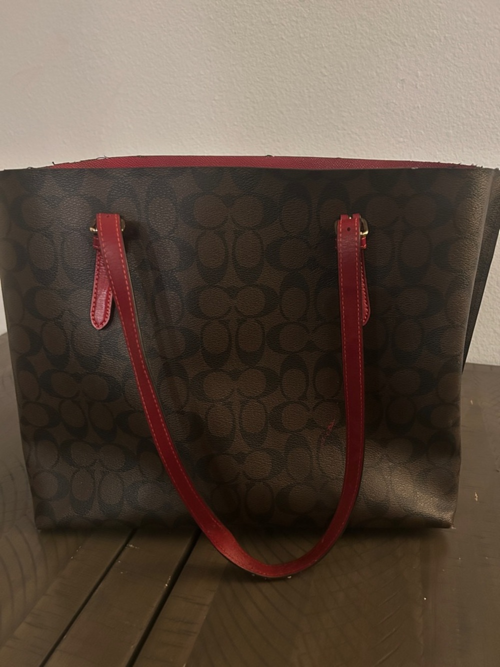 Coach Brown Signature Tote with Red Leather Straps - Picture 6 of 11